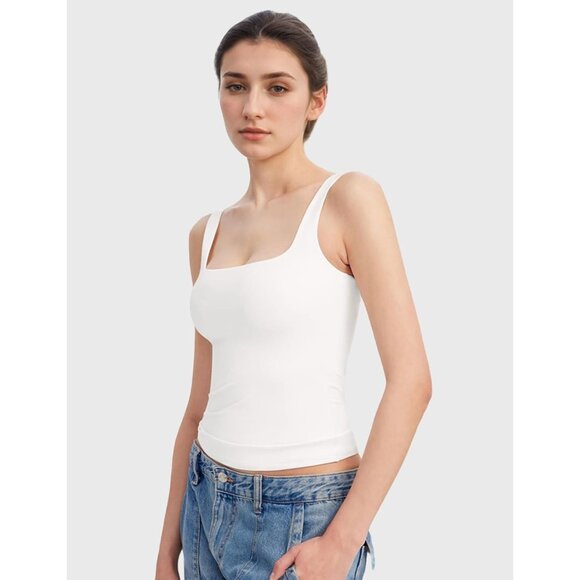 Alljoin Women White Double Lined Square Neck Sleeveless Tank Top For Workout Gym - Picture 7 of 7